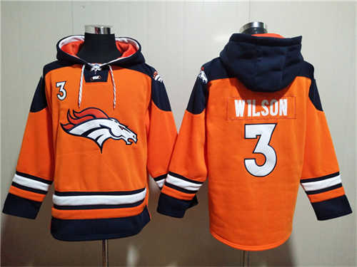 Denver Broncos #3 Russell Wilson Orange Ageless Must-Have Lace-Up Pullover Hoodie